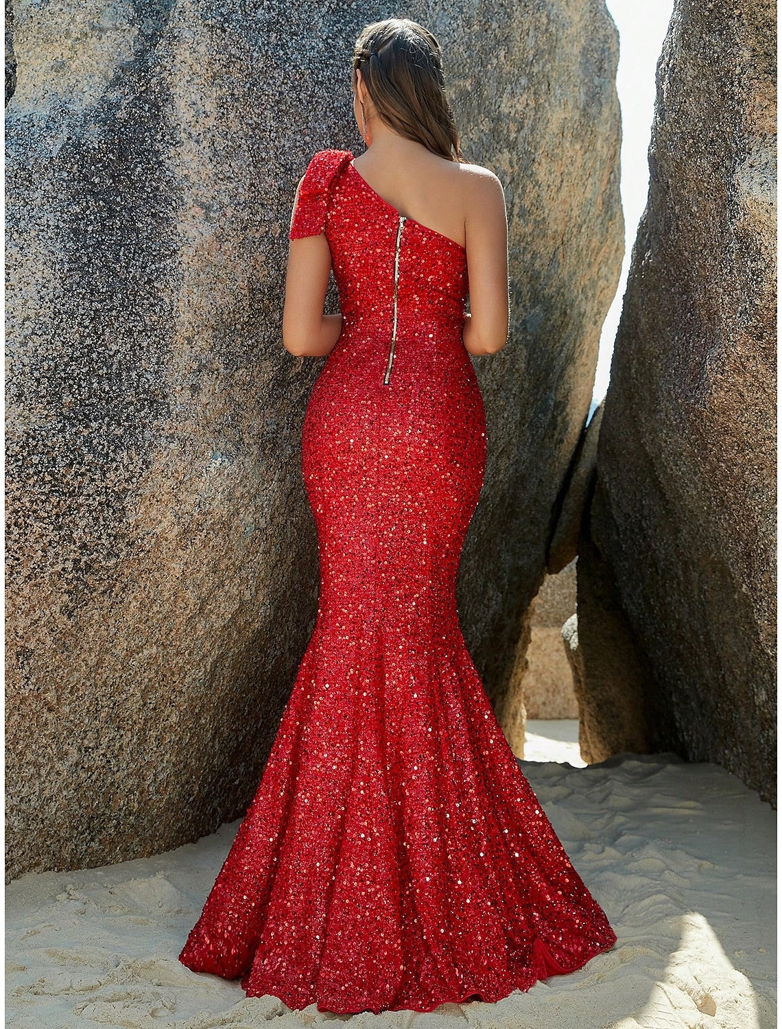 Wholesa Mermaid / Trumpet Evening Gown Sparkle & Shine Dress Formal Fall Sweep / Brush Train Sleeveless One Shoulder Sequined with Glitter Shouder Flower