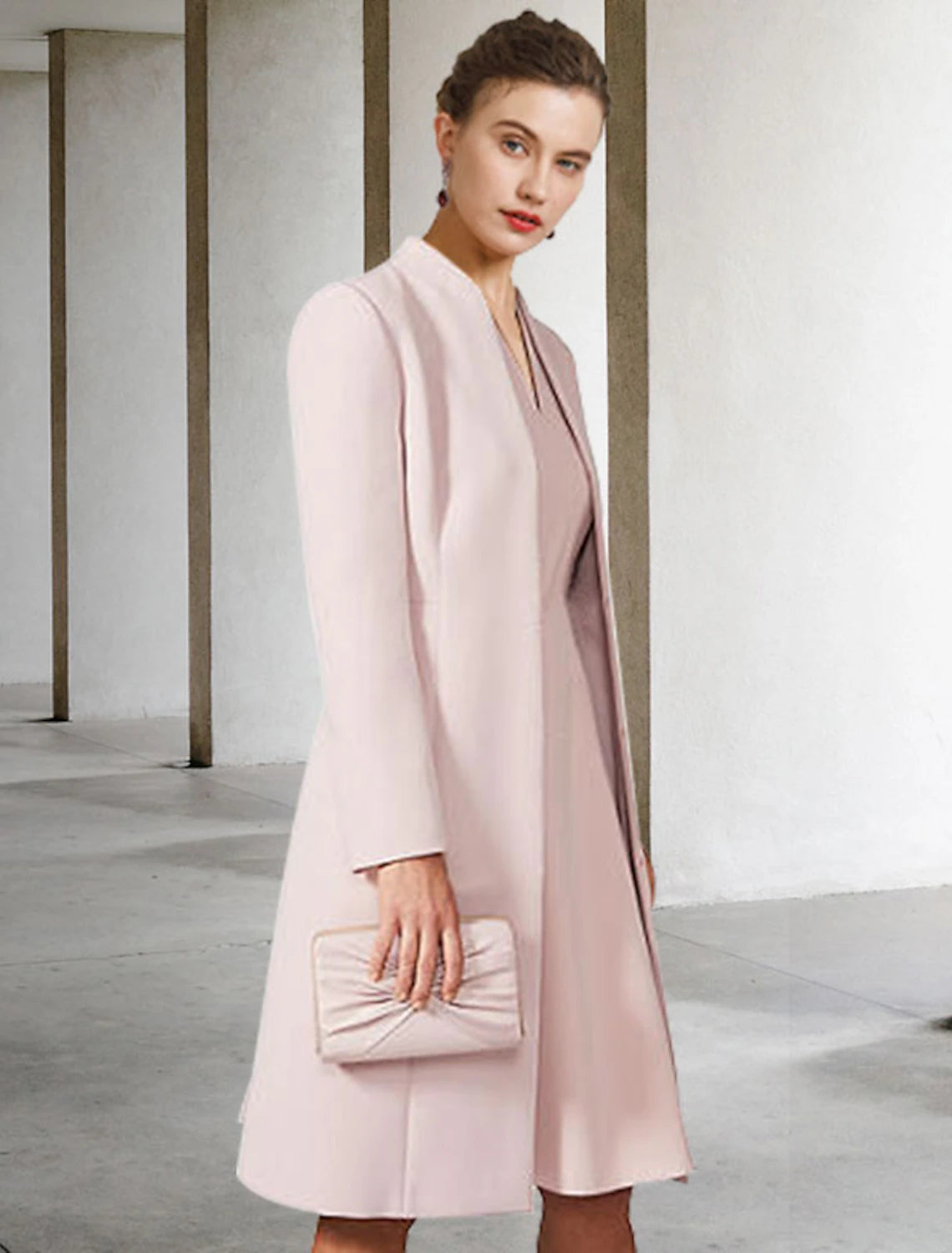 wholesale  Two Piece A-Line Mother of the Bride Dress Wedding Guest Church Elegant V Neck Knee Length Chiffon Short Sleeve Jacket Dresses with Solid Color Fall