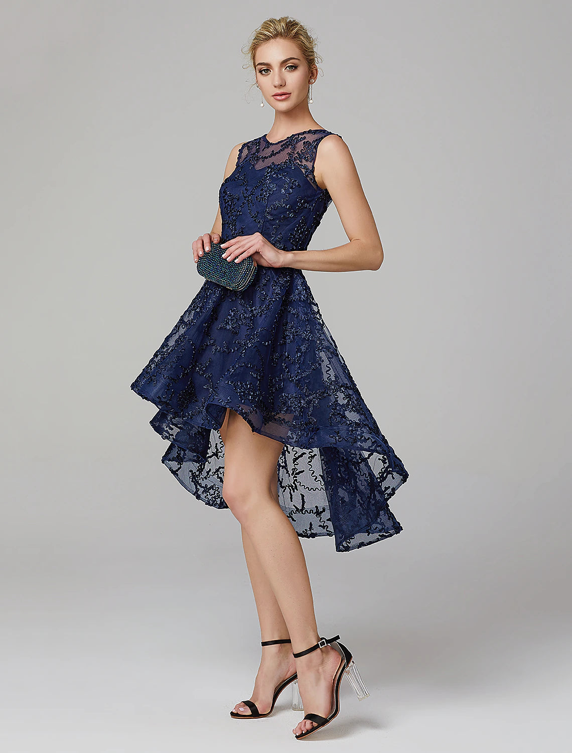 wholesa A-Line Hot Dress Wedding Guest Cocktail Party Asymmetrical Sleeveless Illusion Neck Tulle with Appliques