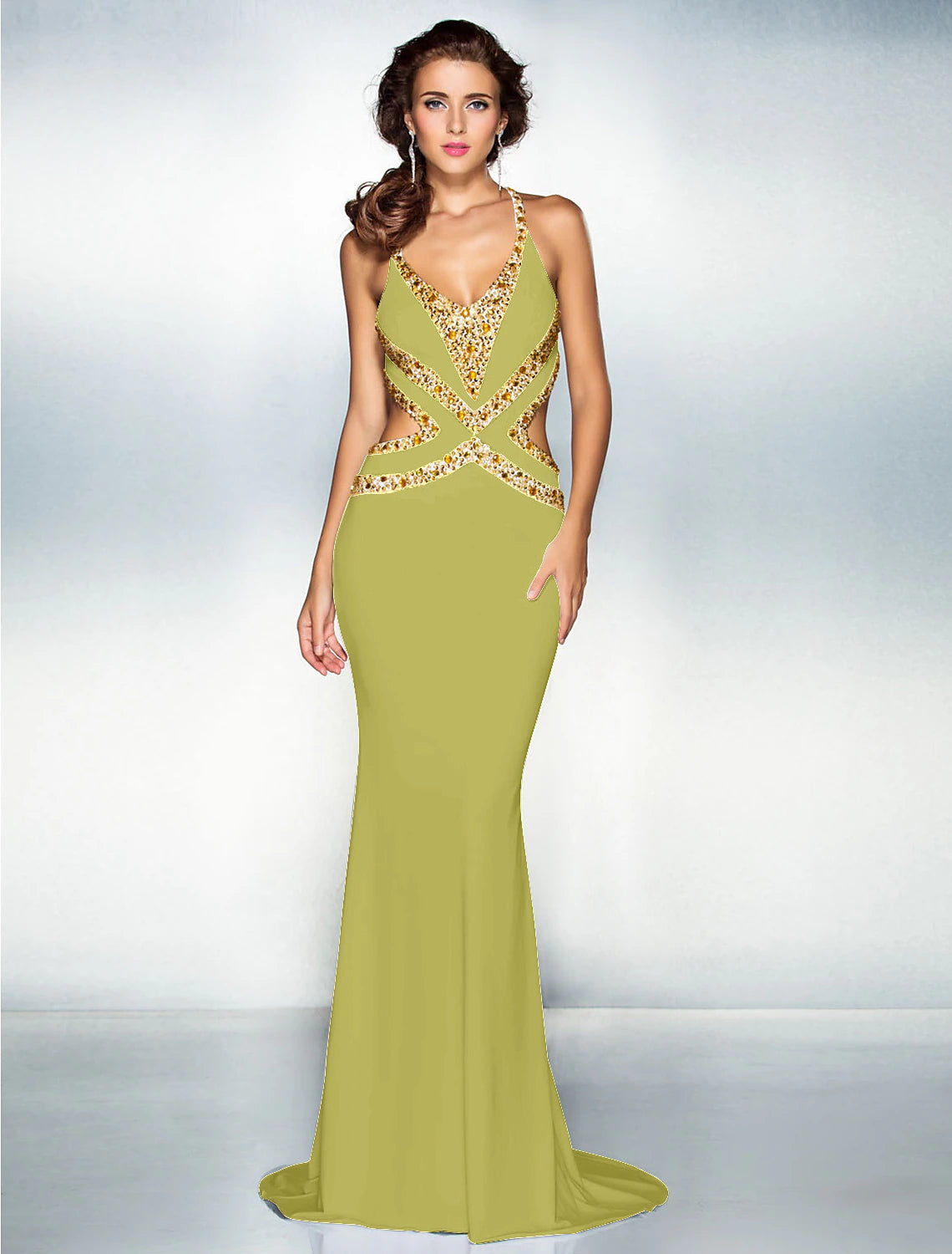 Wholesa Mermaid / Trumpet Sparkle Dress Wedding Guest Engagement Sweep / Brush Train Sleeveless V Neck Jersey Crisscross Back with Crystals