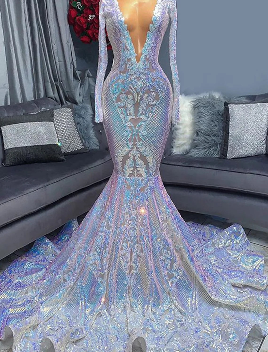 Wholesa Mermaid / Trumpet Evening Gown Floral Dress Formal Chapel Train Long Sleeve V Neck African American Sequined with Sequin