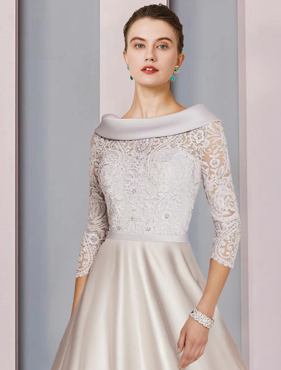 wholesale  A-Line Mother of the Bride Dress Formal Church Party Elegant Cowl Neck Tea Length Satin Lace 3/4 Length Sleeve with Beading Appliques