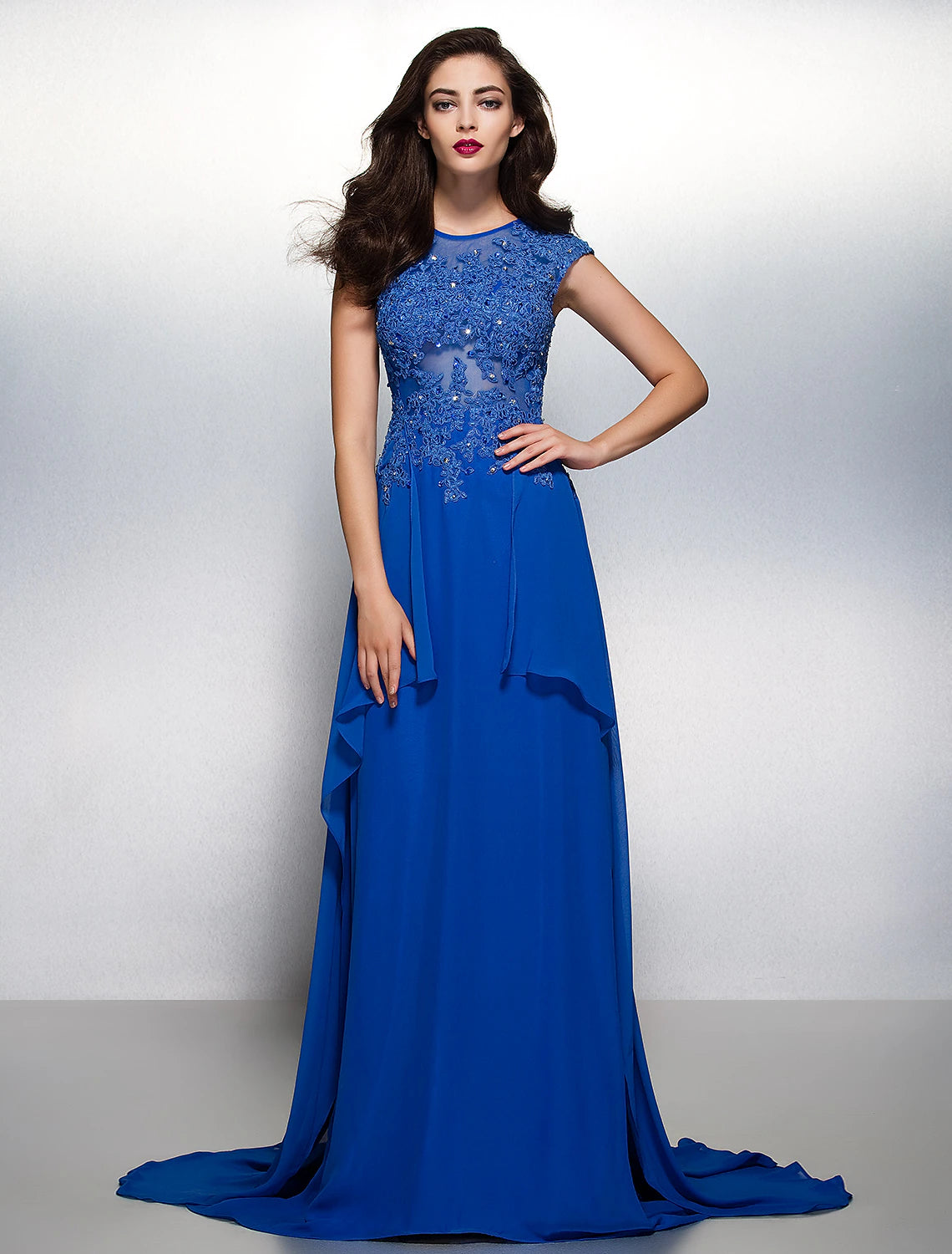 Wholesa Sheath / Column Elegant Floral Formal Evening Wedding Party Dress Illusion Neck Short Sleeve Sweep / Brush Train Chiffon with Appliques