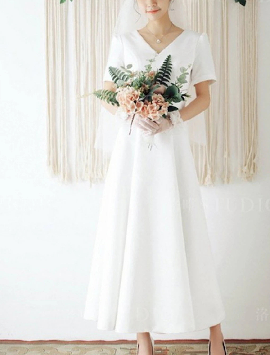 Wholesa Reception Little White Dresses Wedding Dresses A-Line V Neck Short Sleeve Ankle Length Satin Bridal Gowns With Pleats