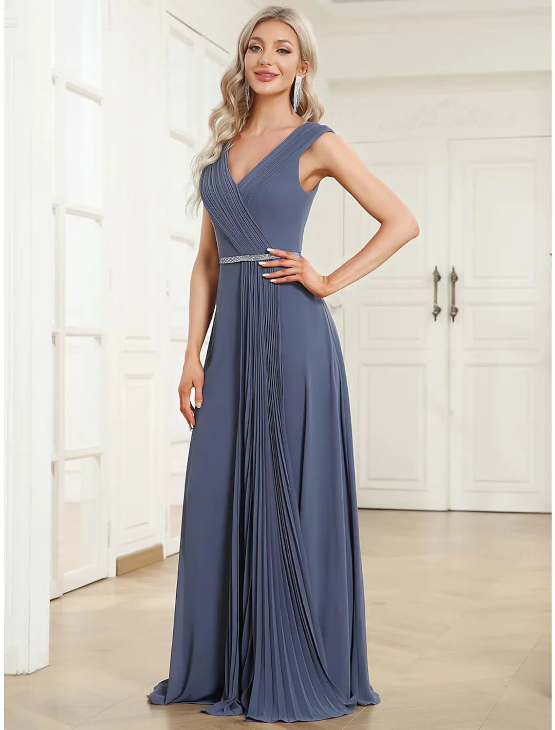 Wholesa A-Line Wedding Guest Dresses Minimalist Dress Formal Floor Length Sleeveless V Neck Chiffon with Pleats Pure Color