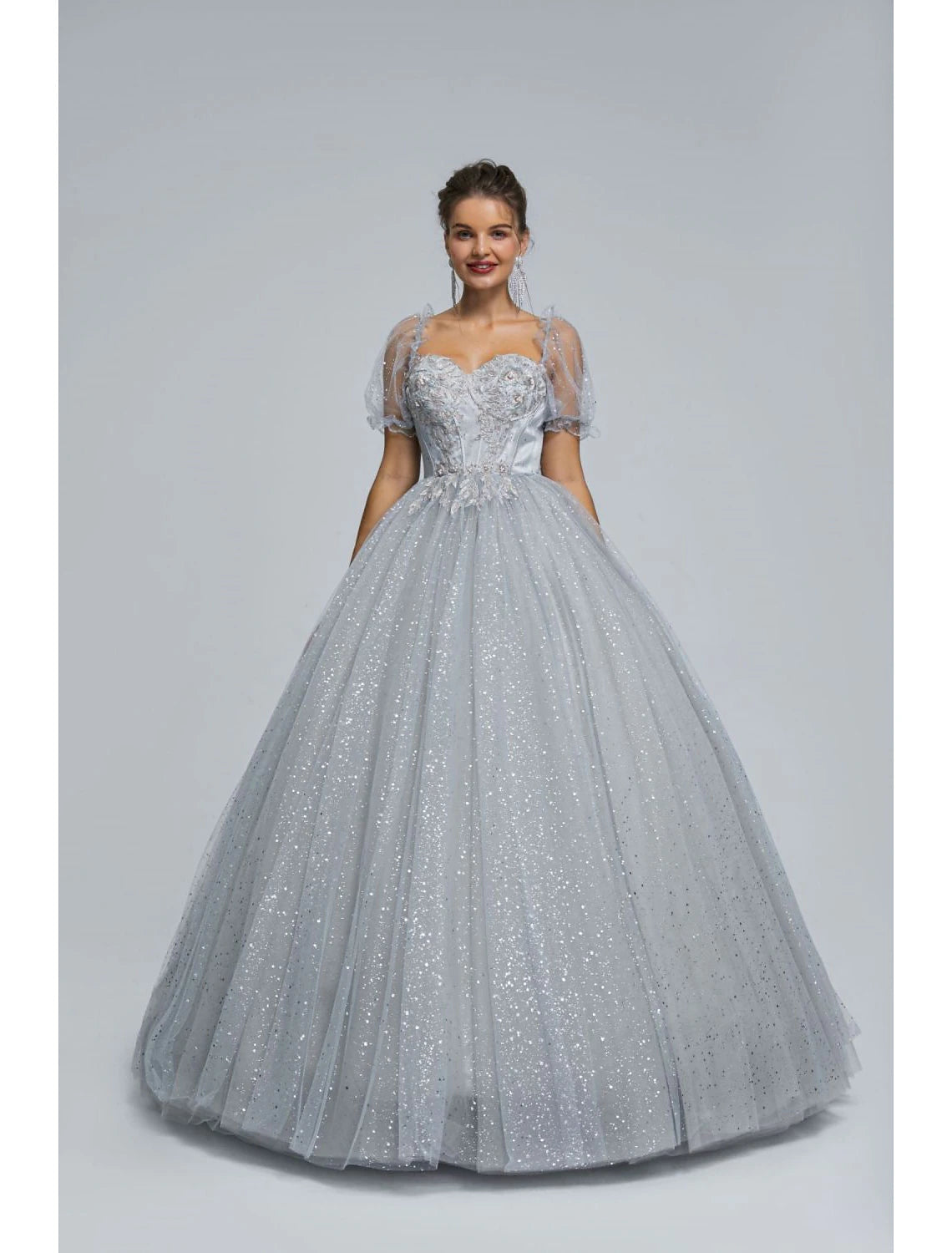 Wholesa Ball Gown Prom Dresses Princess Dress Graduation Quinceanera Floor Length Short Sleeve Sweetheart Tulle with Sequin Appliques