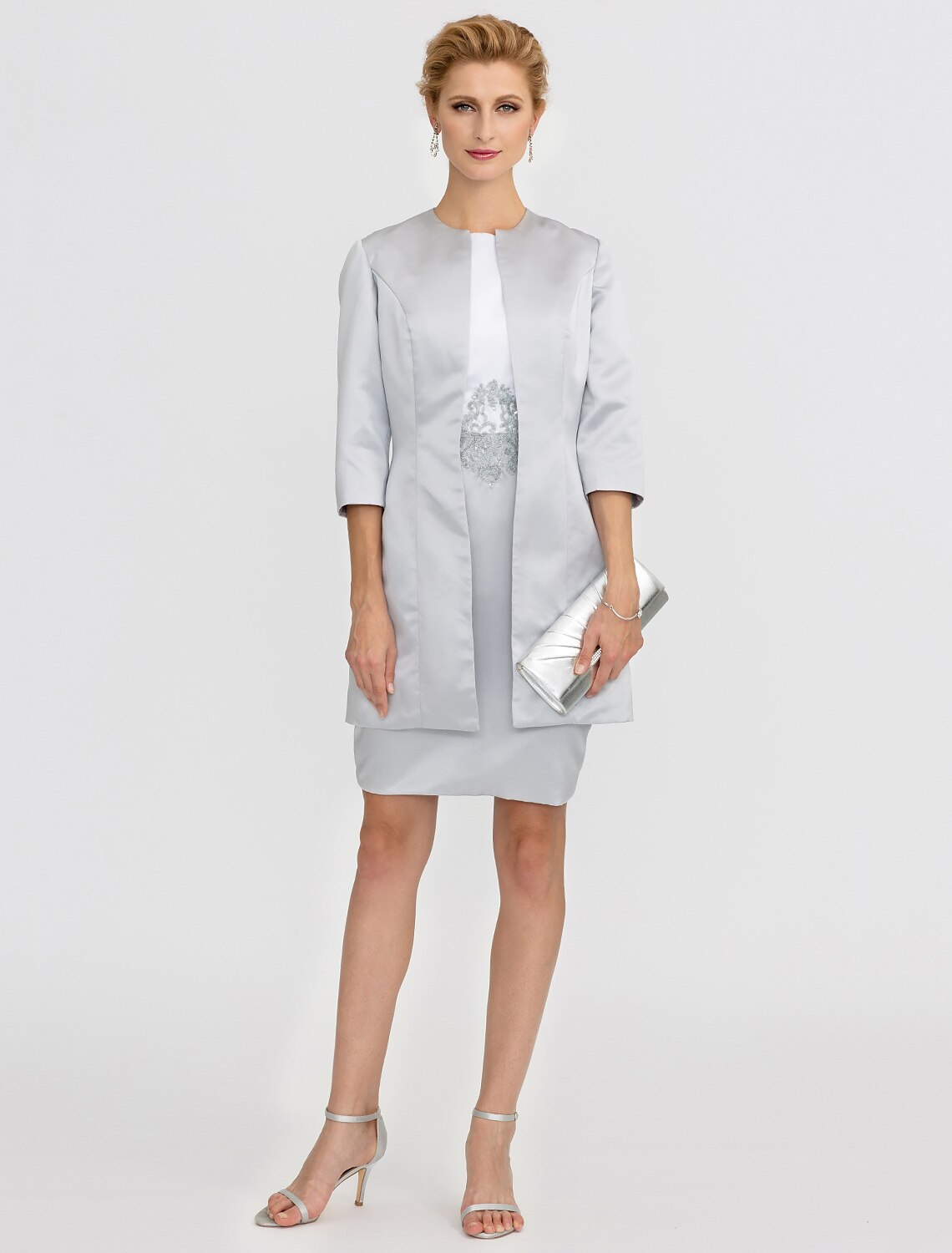 wholesale  Sheath / Column Mother of the Bride Dress Formal Two Piece Jewel Neck Short / Mini Satin Short Sleeve yes with Lace Pleats