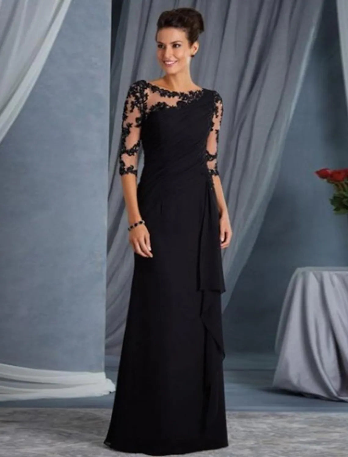 Wholesa Sheath / Column Evening Gown Elegant Dress Wedding Guest Floor Length Half Sleeve Jewel Neck Lace with Appliques