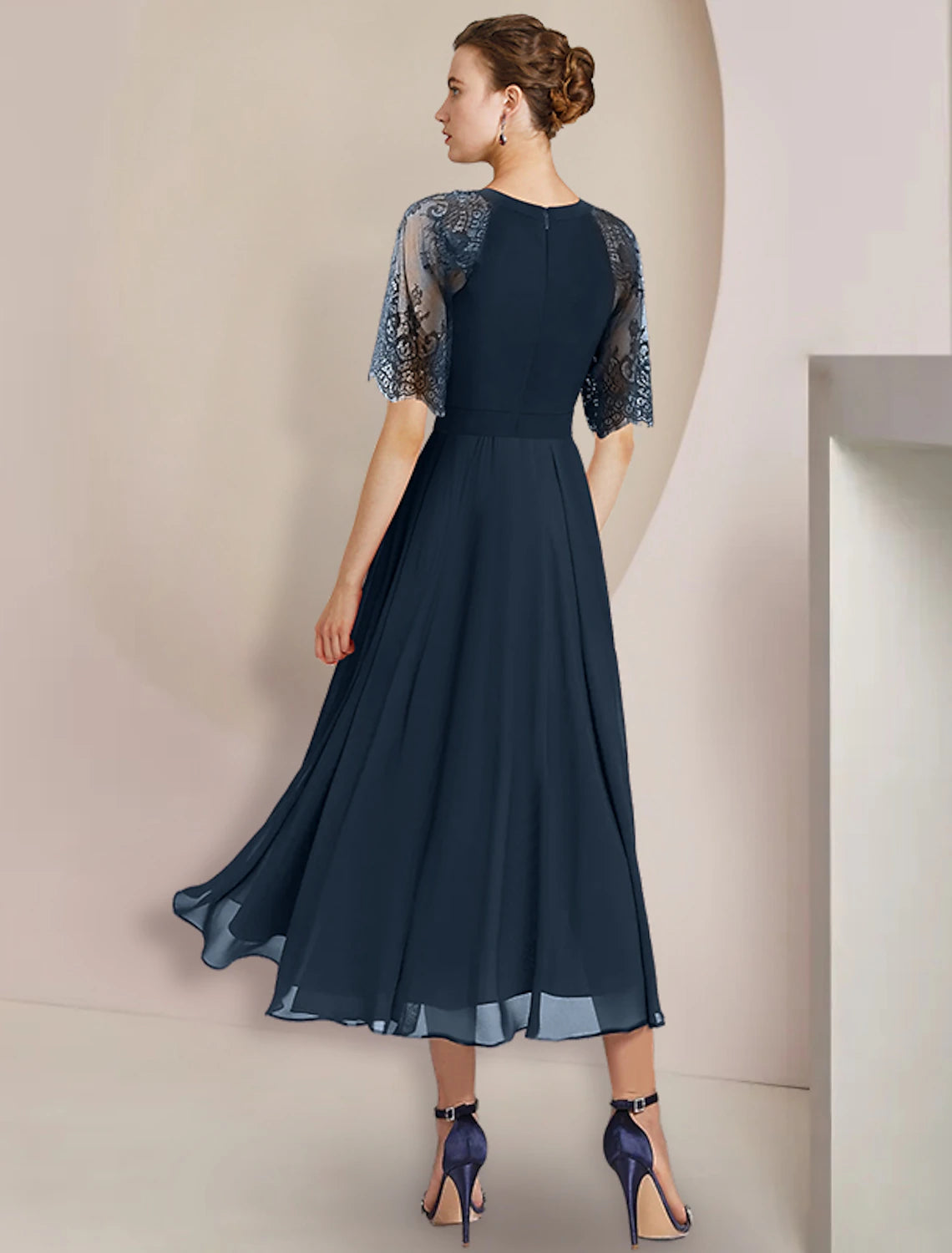 wholesale   A-Line Mother of the Bride Dress Formal Wedding Guest Party Elegant High Low Scoop Neck Tea Length Chiffon Lace 3/4 Length Sleeve with Pleats Crystal Brooch