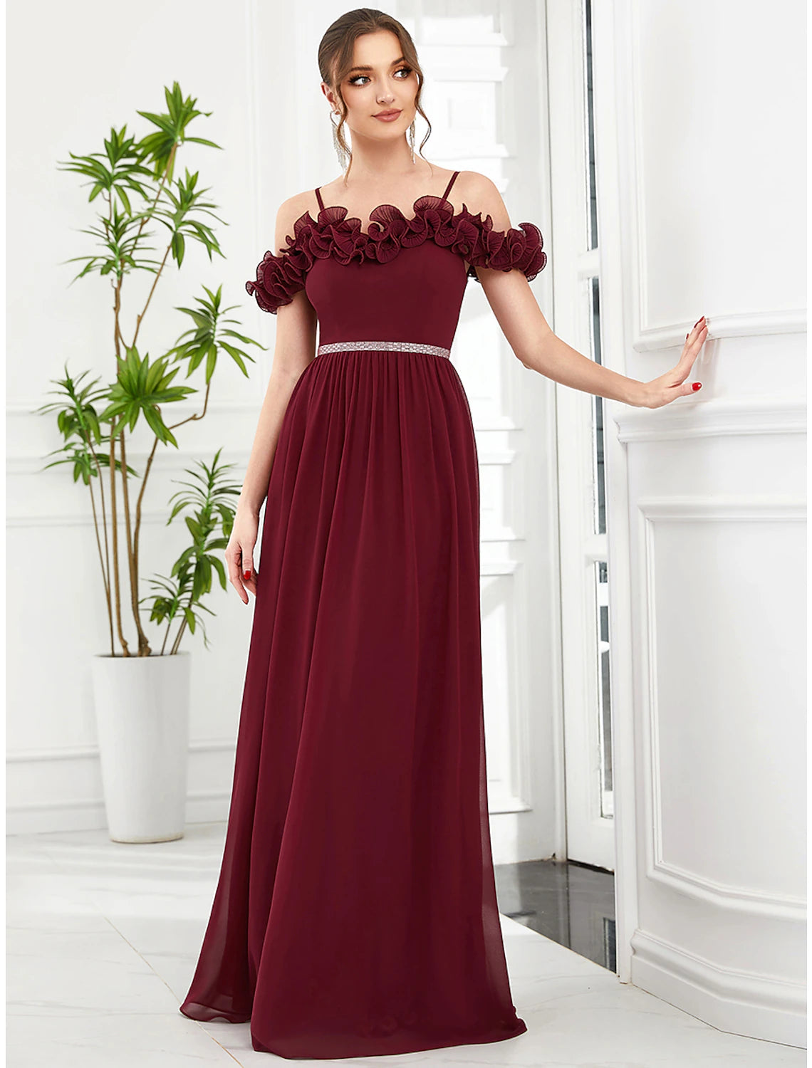 wholesa A-Line Prom Dresses Vintage Dress Wedding Guest Birthday Floor Length Sleeveless Off Shoulder Bridesmaid Dress Chiffon with Appliques Shouder Flower
