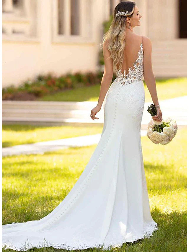 Wholesa Engagement Open Back Sexy Formal Wedding Dresses Court Train Mermaid / Trumpet Sleeveless V Neck Crepe With Appliques