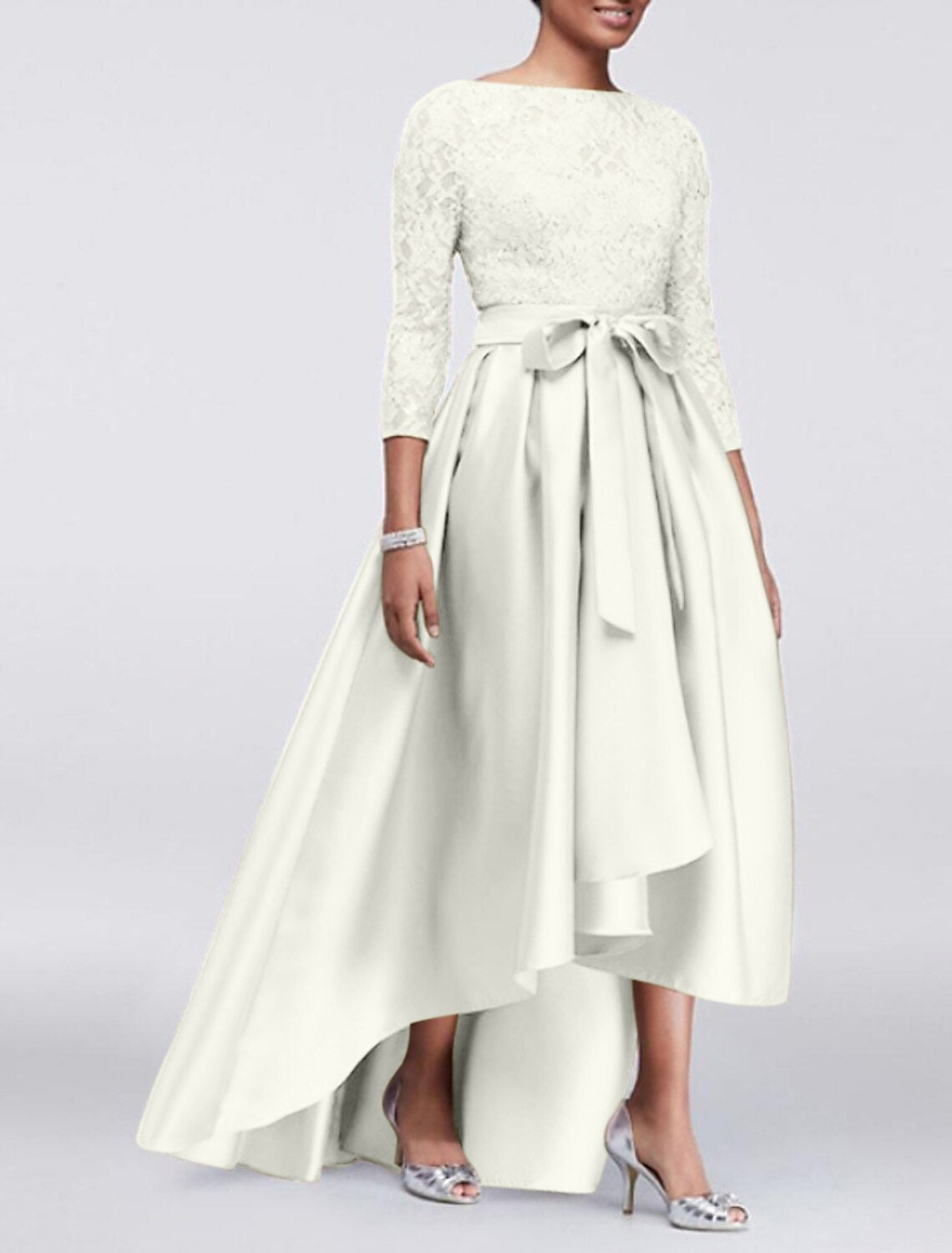 Wholesa A-Line Mother of the Bride Dress Wedding Guest Elegant Plus Size High Low Jewel Neck Asymmetrical Satin Lace 3/4 Length Sleeve with Sash / Ribbon Appliques