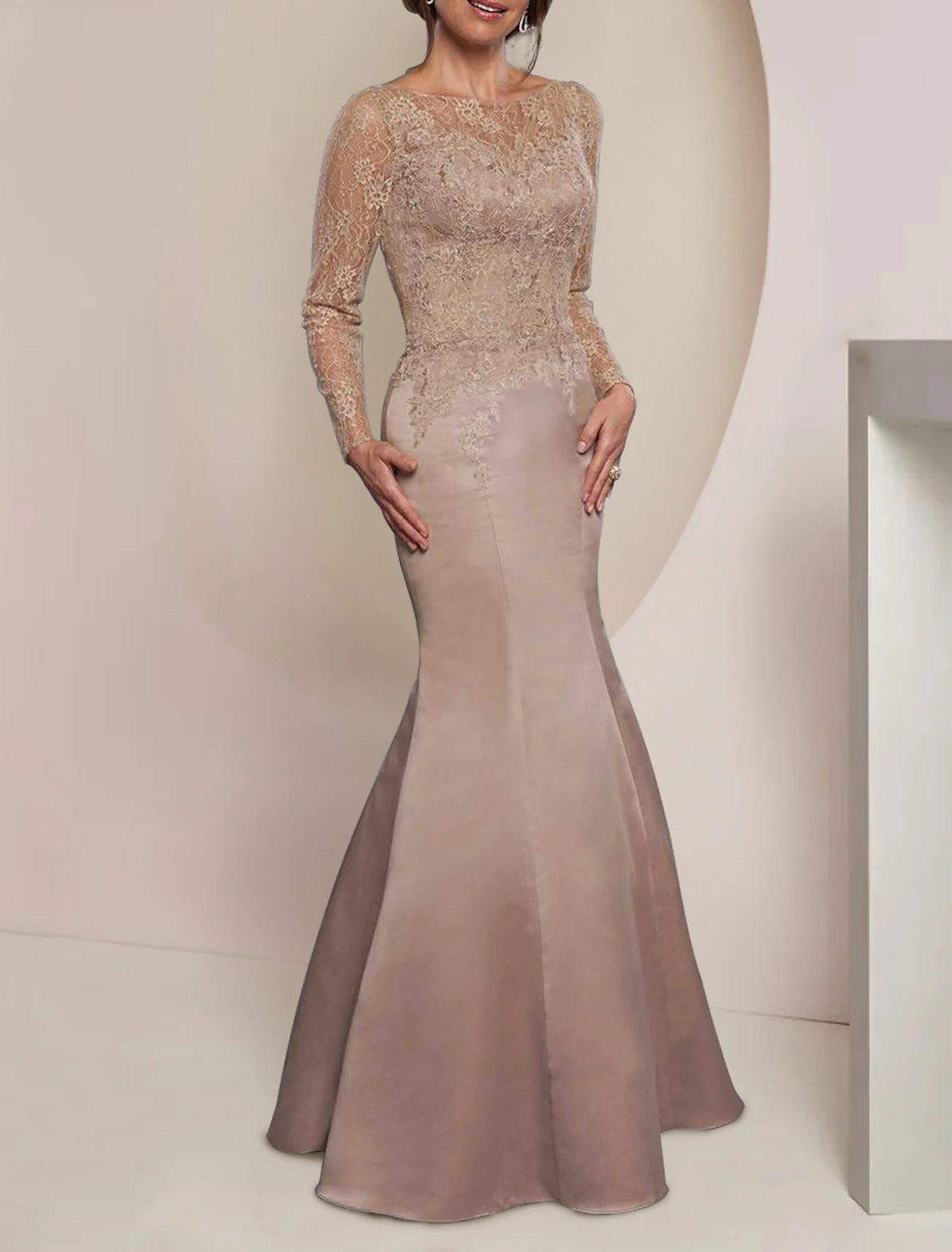 Wholesa Mermaid / Trumpet Mother of the Bride Dress Wedding Guest Elegant Party Jewel Neck Floor Length Imitated Silk Long Sleeve with Lace Pleats