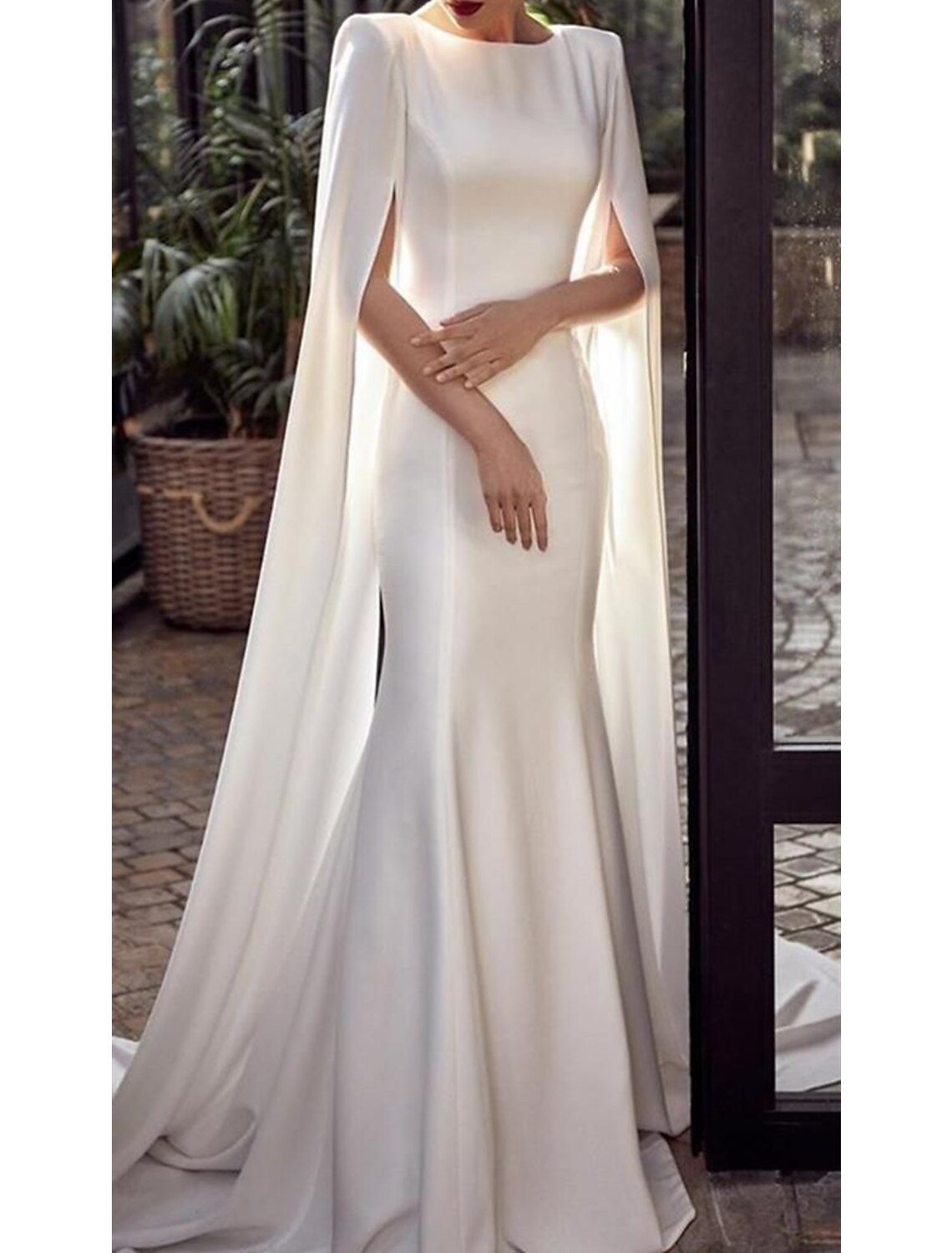 Wholesa Mermaid Party Dress Evening Gown Maxi Dress Formal Wedding Guest Court Train Sleeveless Jewel Neck Capes Stretch Chiffon with Shawl
