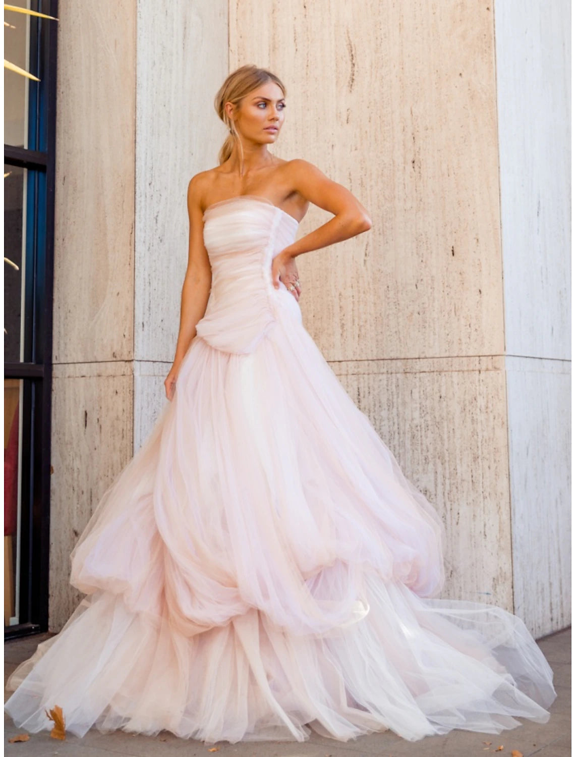 Wholesa  A-Line Evening Gown Elegant Dress Formal Court Train Sleeveless Strapless Tulle with Pleats Ruched