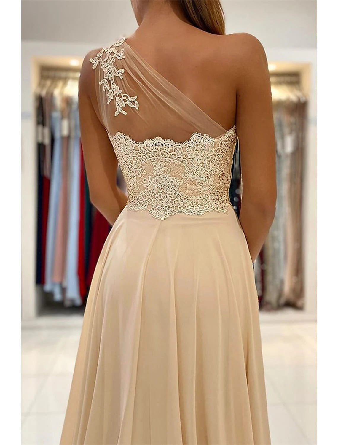 Wholesa A-Line Prom Dresses Sexy Dress Formal Wedding Guest Court Train Sleeveless One Shoulder Chiffon with Slit Appliques