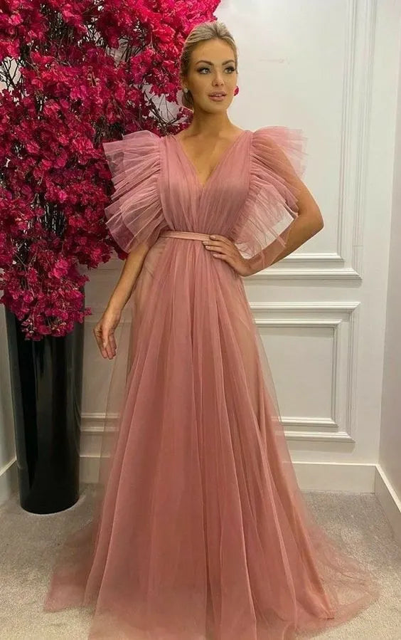 Deep‑V Dusty‑Pink Tulle Ruffle‑Shoulder Sash‑Waist A‑Line Prom Dress