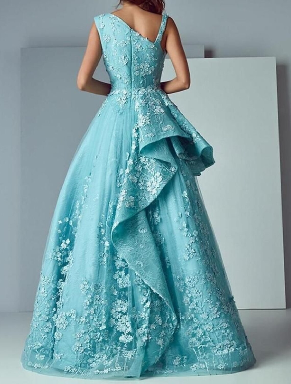 Wholesa  A-Line Floral Engagement Prom Dress V Neck Sleeveless Floor Length Polyester with Appliques