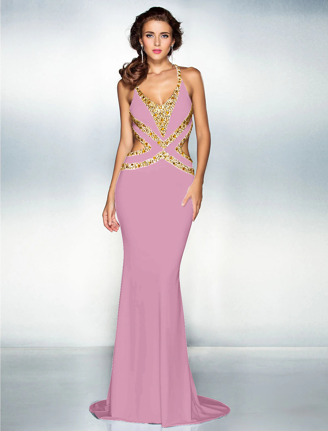 Wholesa Mermaid / Trumpet Sparkle Dress Wedding Guest Engagement Sweep / Brush Train Sleeveless V Neck Jersey Crisscross Back with Crystals