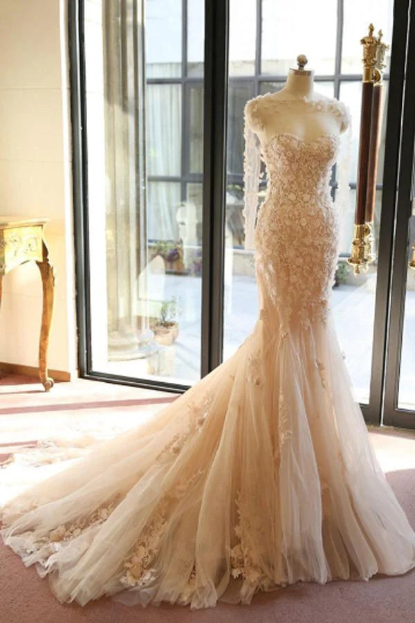 Wholesa Mermaid Designer Open Back Sheer Flowers Long Sleeve Wedding Dress