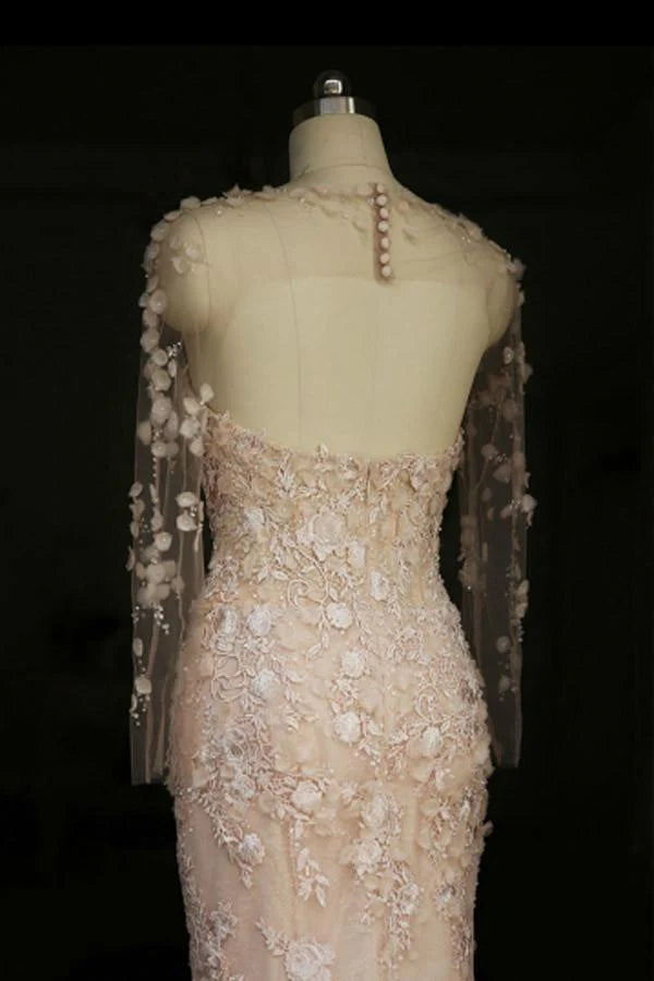 Wholesa Mermaid Designer Open Back Sheer Flowers Long Sleeve Wedding Dress