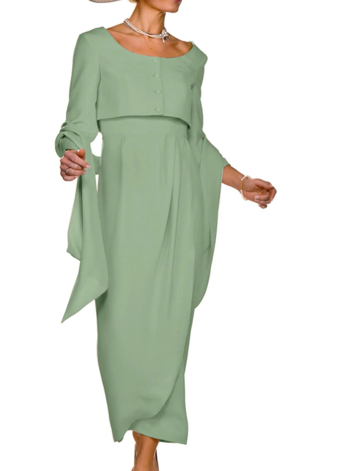 Wholesa Two Piece Sheath / Column Mother of the Bride Dress Wedding Guest Elegant Square Neck Ankle Length Stretch Fabric Sleeveless Short Jacket Dresses with Buttons Pleats