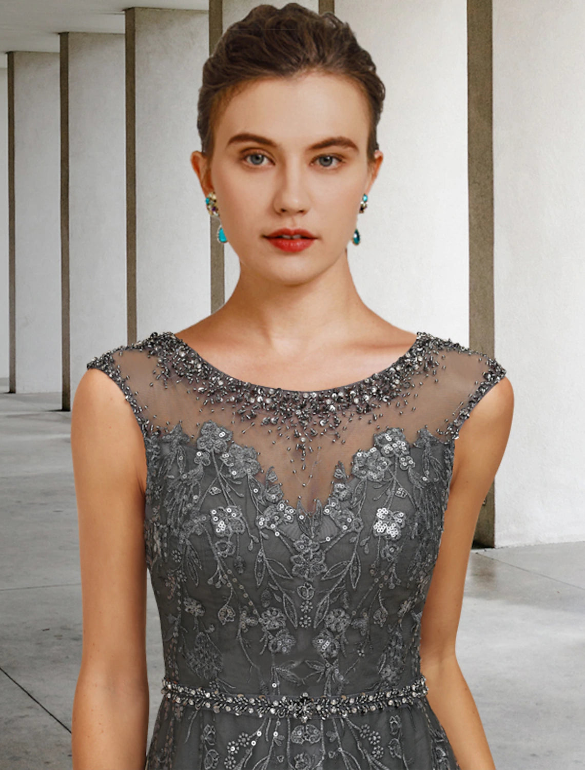 wholesale  A-Line Mother of the Bride Dress Fall Wedding Guest Dresses Luxurious Elegant Jewel Neck Floor Length Lace Tulle Sleeveless with Sash / Ribbon Beading Sequin