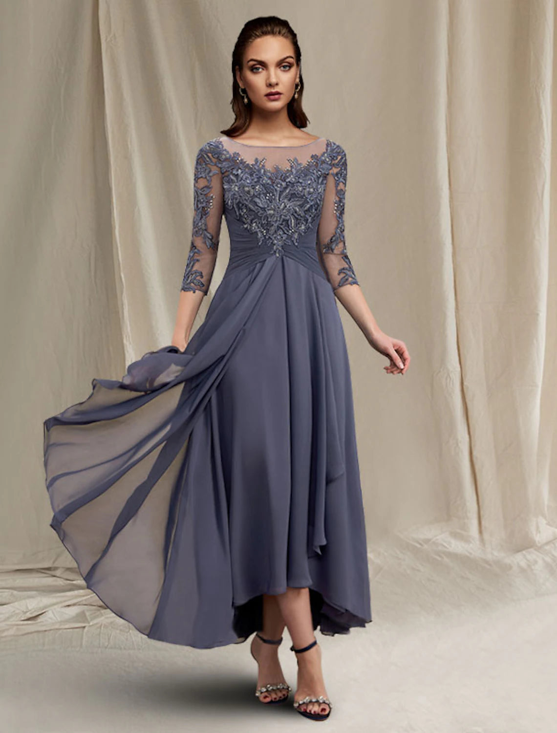 wholesale   Two Piece A-Line Mother of the Bride Dress Elegant High Low Jewel Neck Asymmetrical Tea Length Chiffon Lace 3/4 Length Sleeve Wrap Included with Sequin Appliques