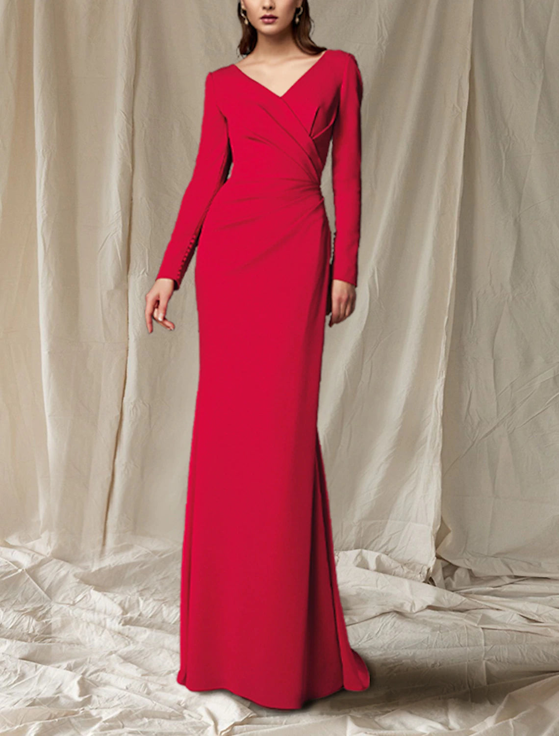 wholesale  Mermaid / Trumpet Mother of the Bride Dress Elegant V Neck Sweep / Brush Train Stretch Fabric Long Sleeve with Buttons Side-Draped