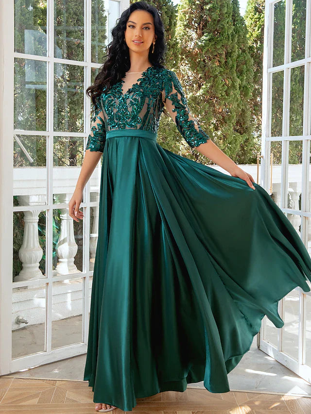 Wholesa A-Line Evening Gown Elegant Dress Wedding Party Floor Length Half Sleeve Illusion Neck Satin with Pleats Sequin Slit