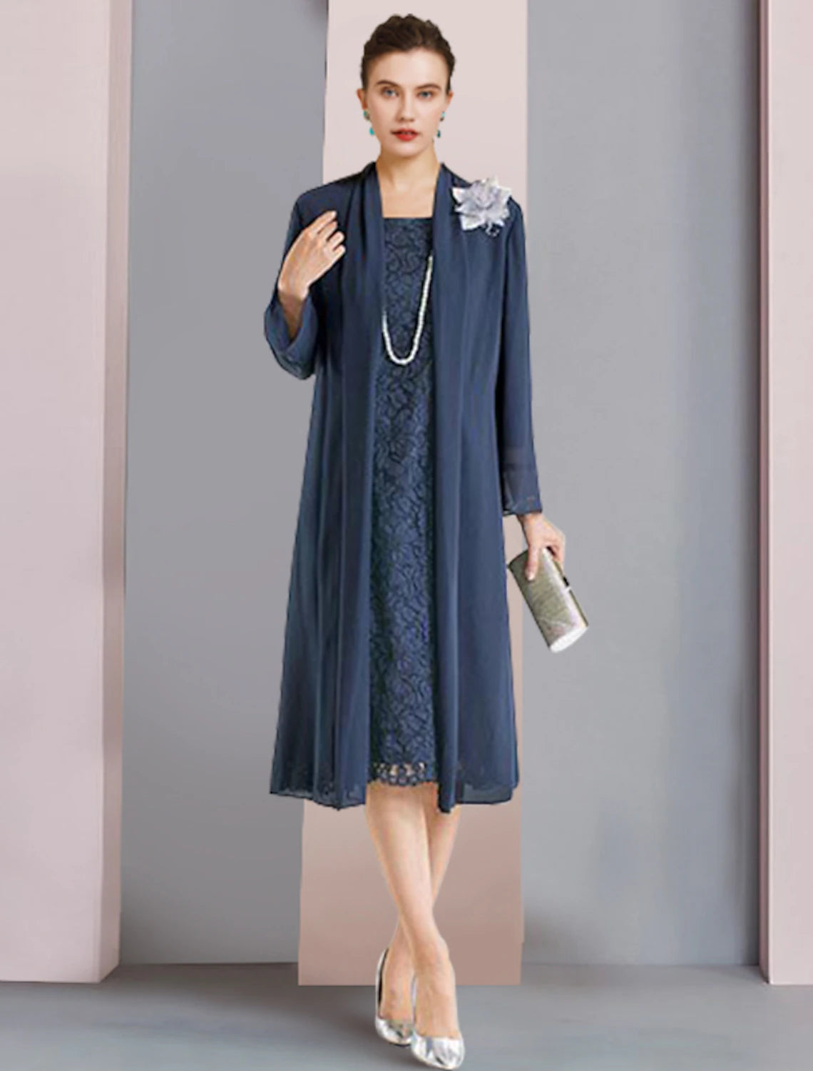 wholesale  Two Piece Sheath / Column Mother of the Bride Dress Formal Wedding Guest Elegant Scoop Neck Tea Length Chiffon Lace 3/4 Length Sleeve Jacket Dresses with Flower