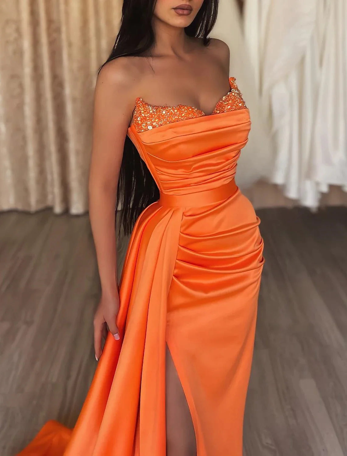 Wholesa Mermaid Ruched Evening Gown Satin Dress Cocktail Party Prom Court Train Sleeveless Strapless Bridesmaid Dress with Beading Sequin Pure Color