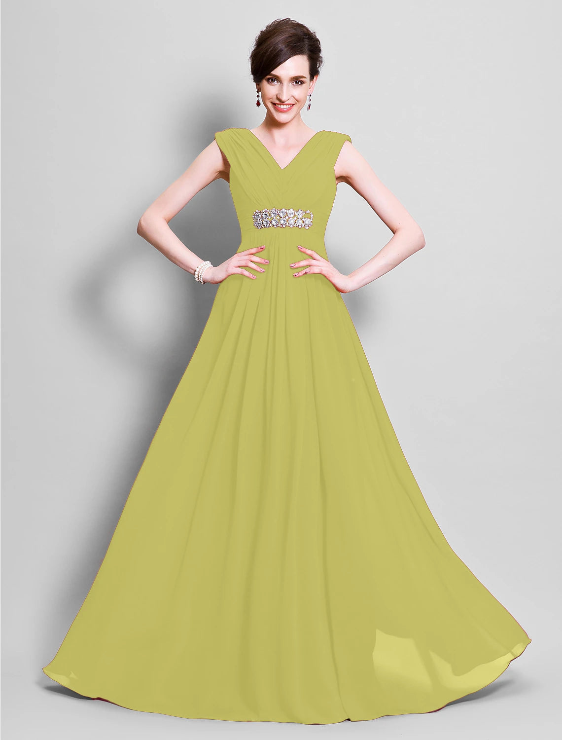 wholesale   A-Line Mother of the Bride Dress V Neck Floor Length Chiffon Sleeveless with Beading Side Draping