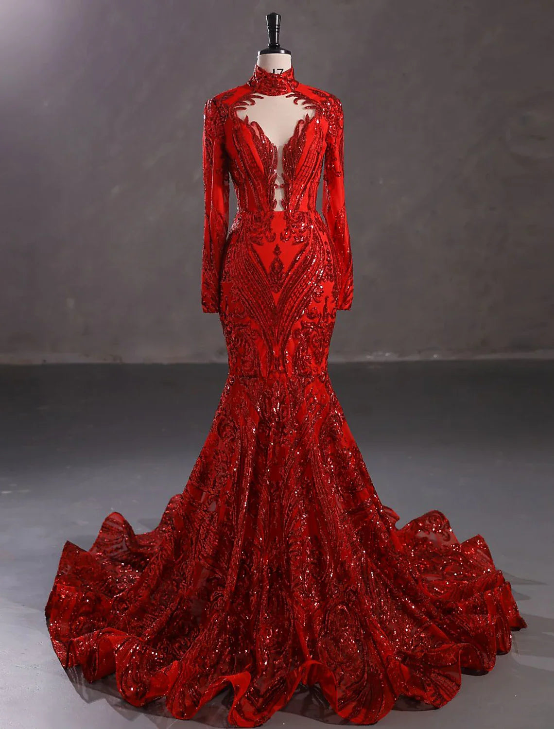 Wholesa Mermaid / Trumpet Evening Gown Elegant Dress Engagement Court Train Long Sleeve Stand Collar Lace with Sequin