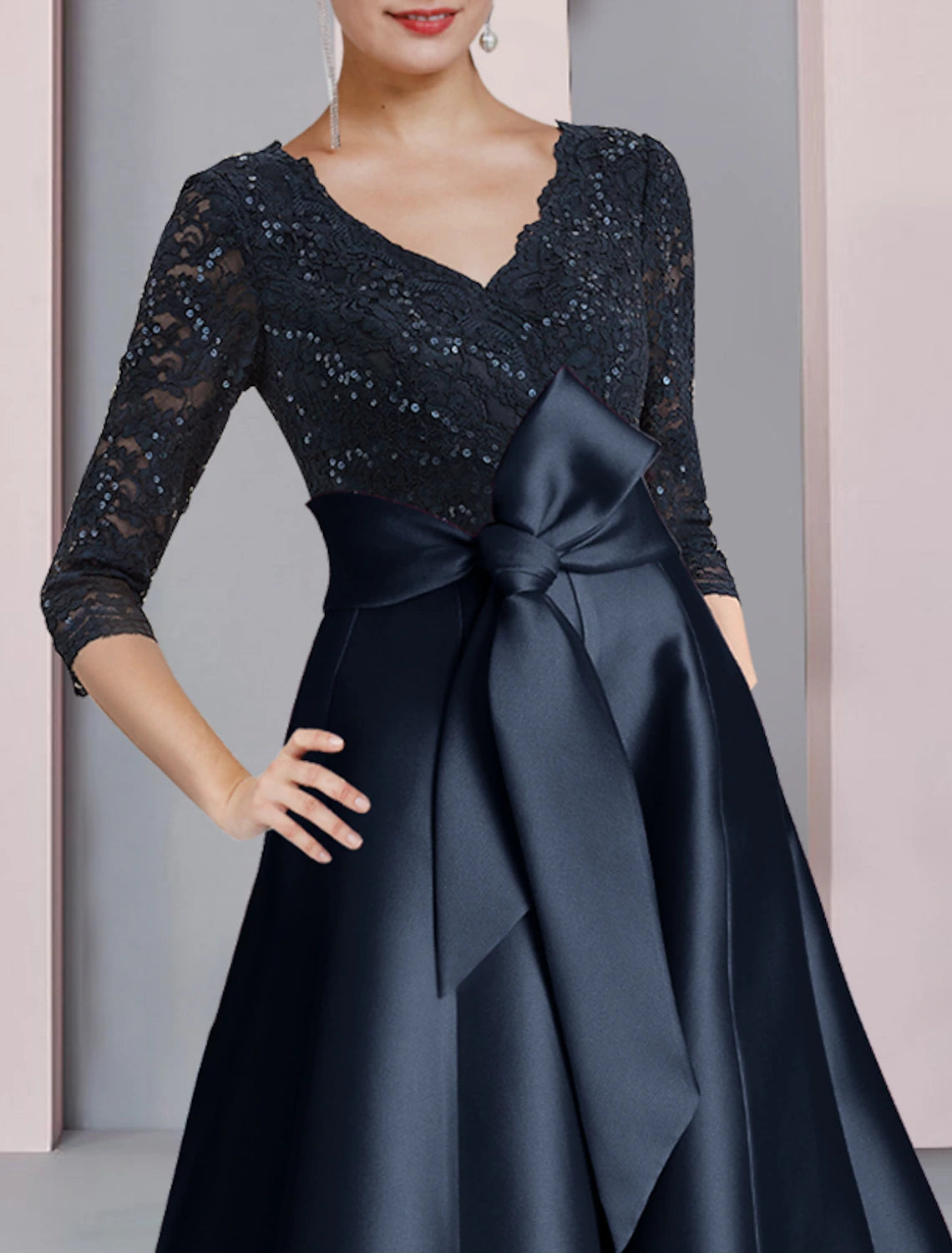 wholesale   A-Line Mother of the Bride Dress Wedding Guest Vintage Elegant V Neck Tea Length Satin Lace 3/4 Length Sleeve with Bow(s) Pleats Sequin