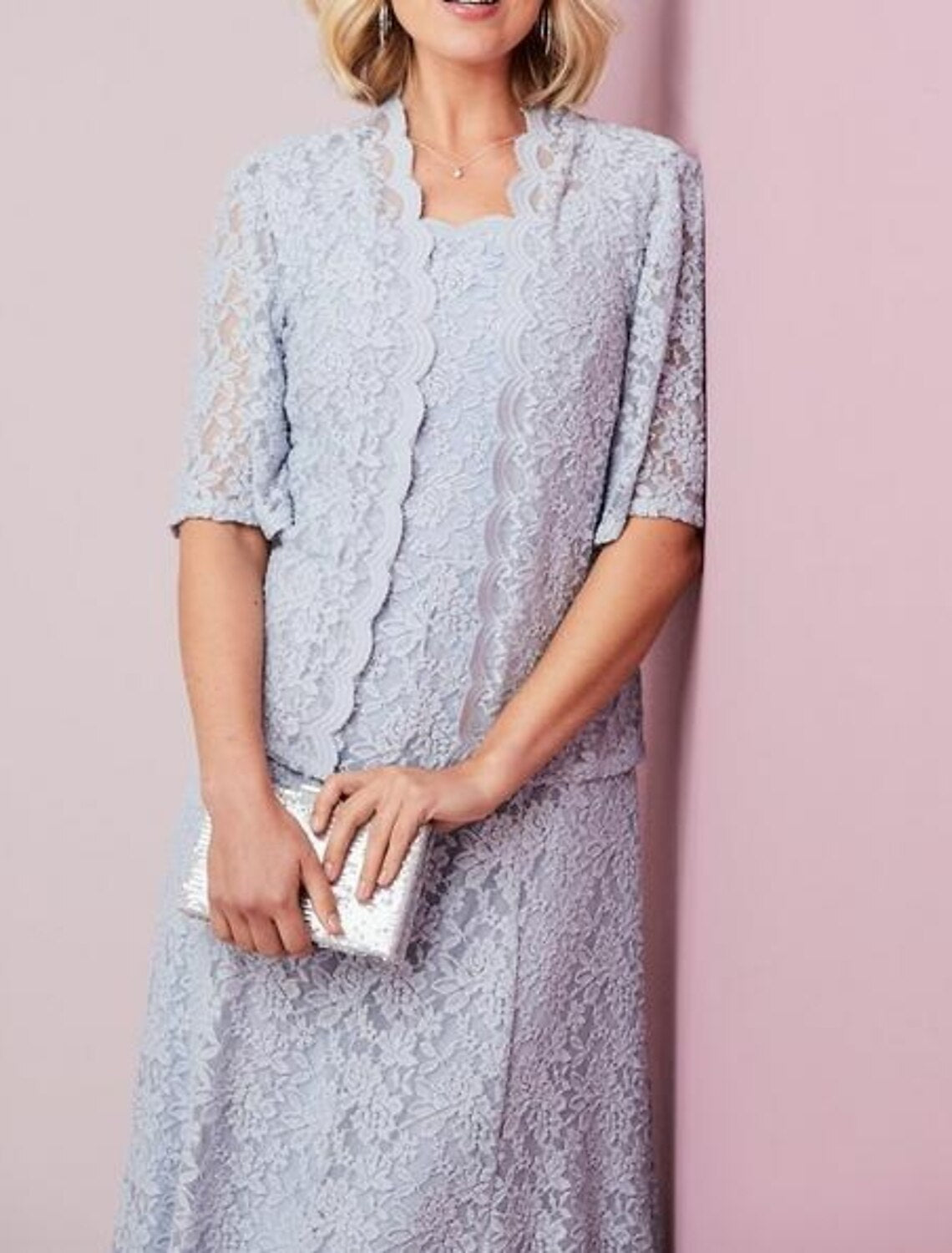 wholesale  Sheath / Column Mother of the Bride Dress Elegant Scalloped Neckline Ankle Length Chiffon Lace Half Sleeve with Lace Pleats Applique