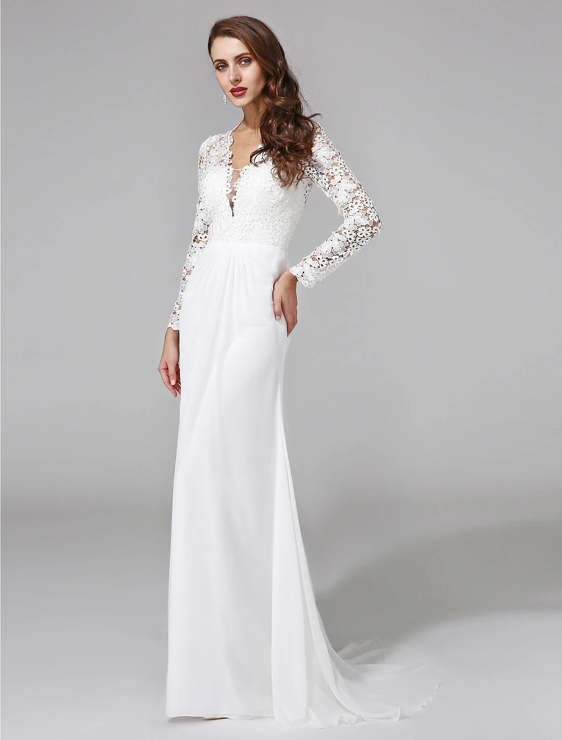 wholesale  Beach Royal Style Boho Wedding Dresses Sheath / Column Illusion Neck Long Sleeve Sweep / Brush Train Chiffon Bridal Gowns With Lace Button