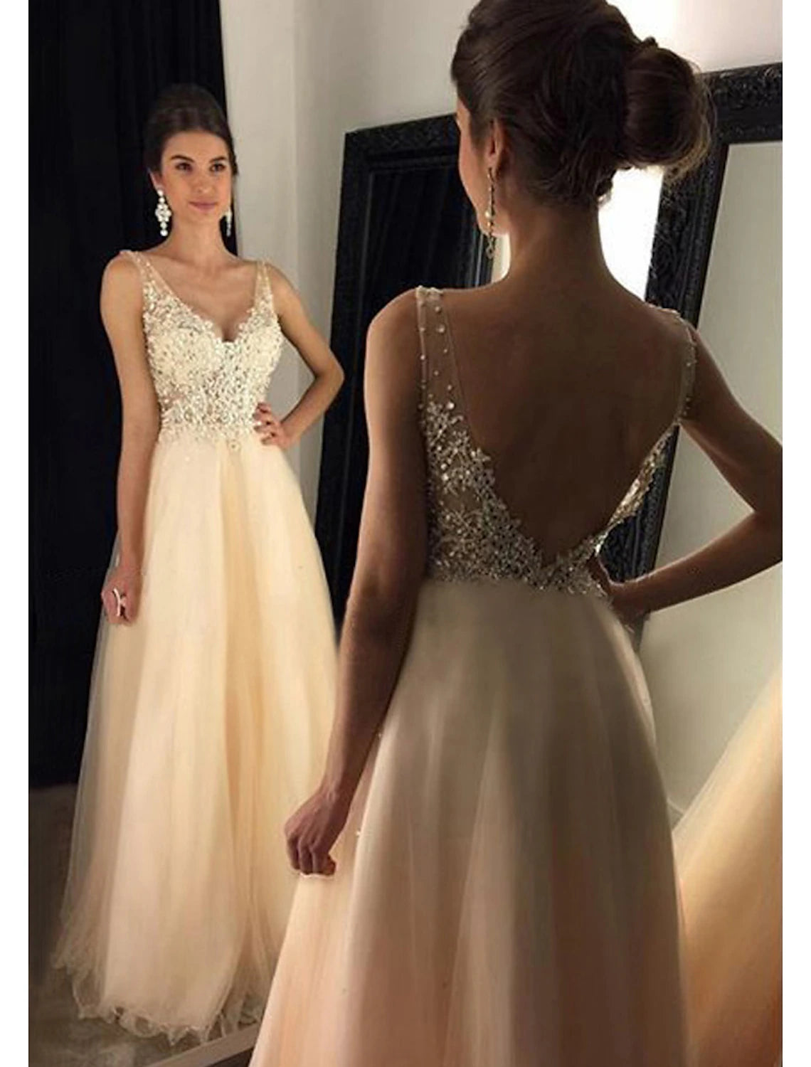 wholesale  A-Line Prom Dresses Sparkle & Shine Dress Formal Prom Floor Length Sleeveless V Neck Tulle V Back with Beading Appliques