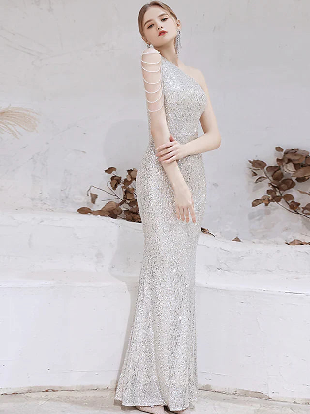 Wholesa Mermaid / Trumpet Evening Gown Sparkle Dress Wedding Guest Floor Length Sleeveless One Shoulder Sequined with Beading Sequin