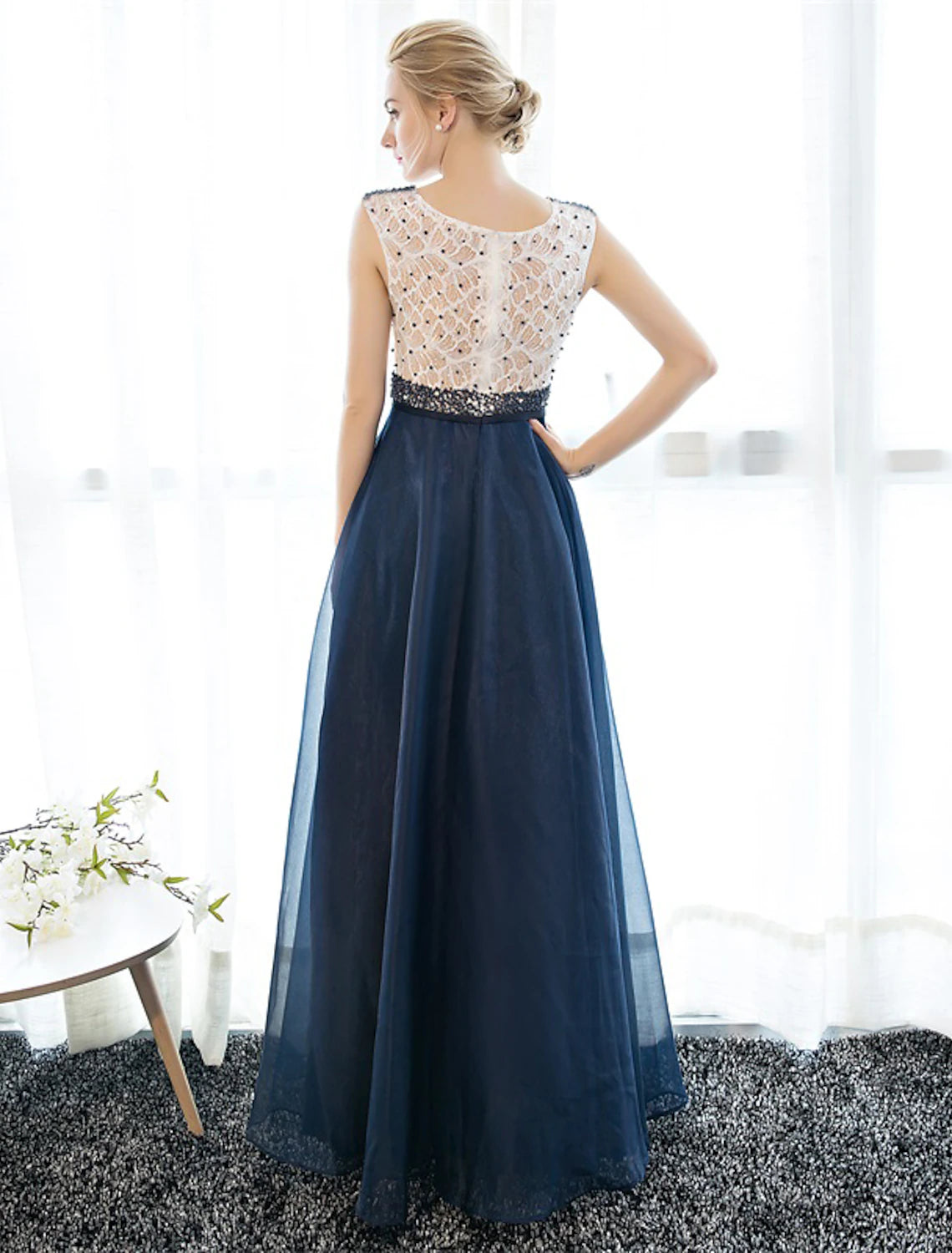 Wholesa A-Line Beautiful Back Elegant Beaded & Sequin Prom Formal Evening Dress Illusion Neck Sleeveless Floor Length Tulle Over Lace with Beading