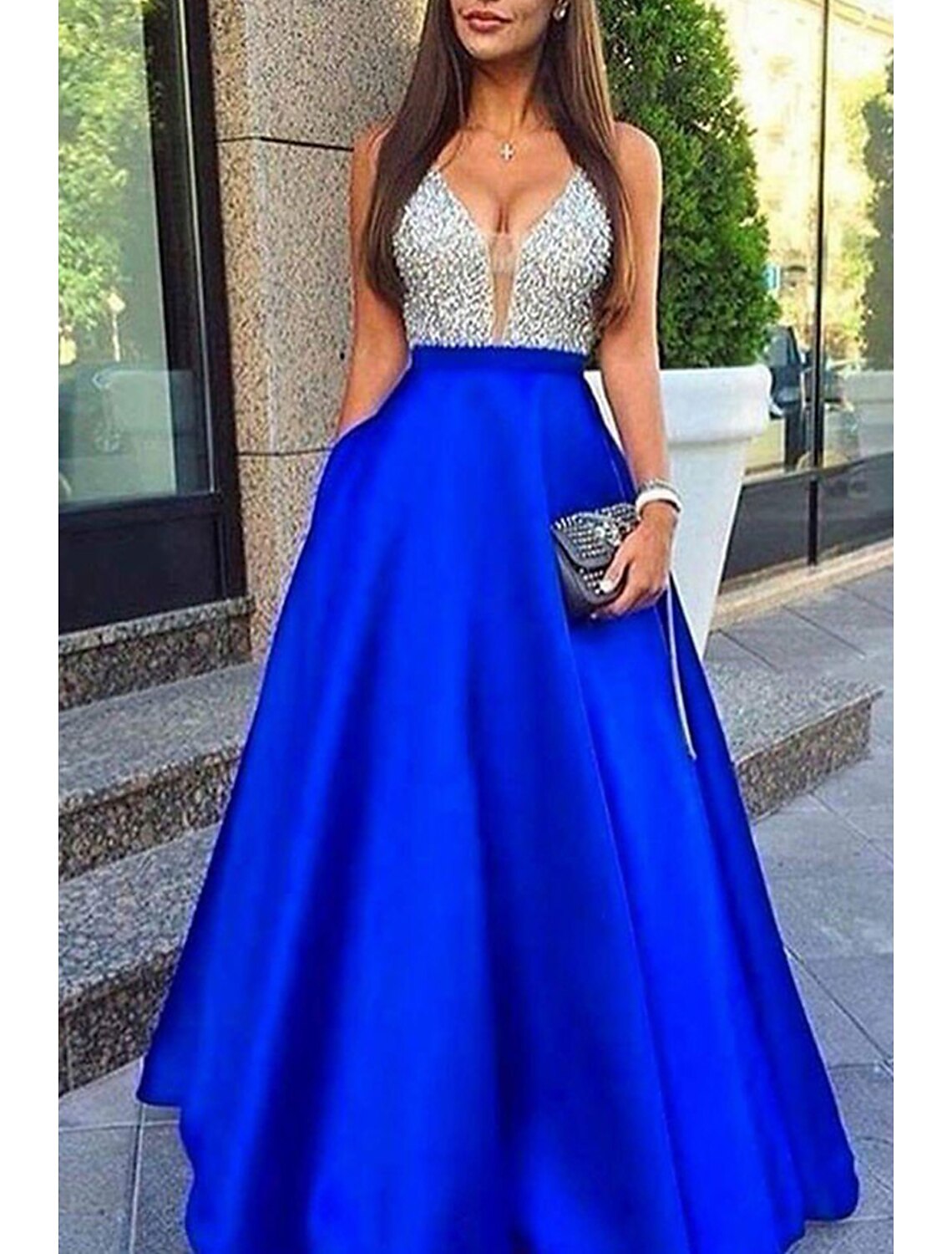 wholesale  A-Line Prom Dresses Sparkle & Shine Dress Formal Prom Floor Length Sleeveless V Neck Pocket Stretch Satin Backless V Back with Beading Pocket