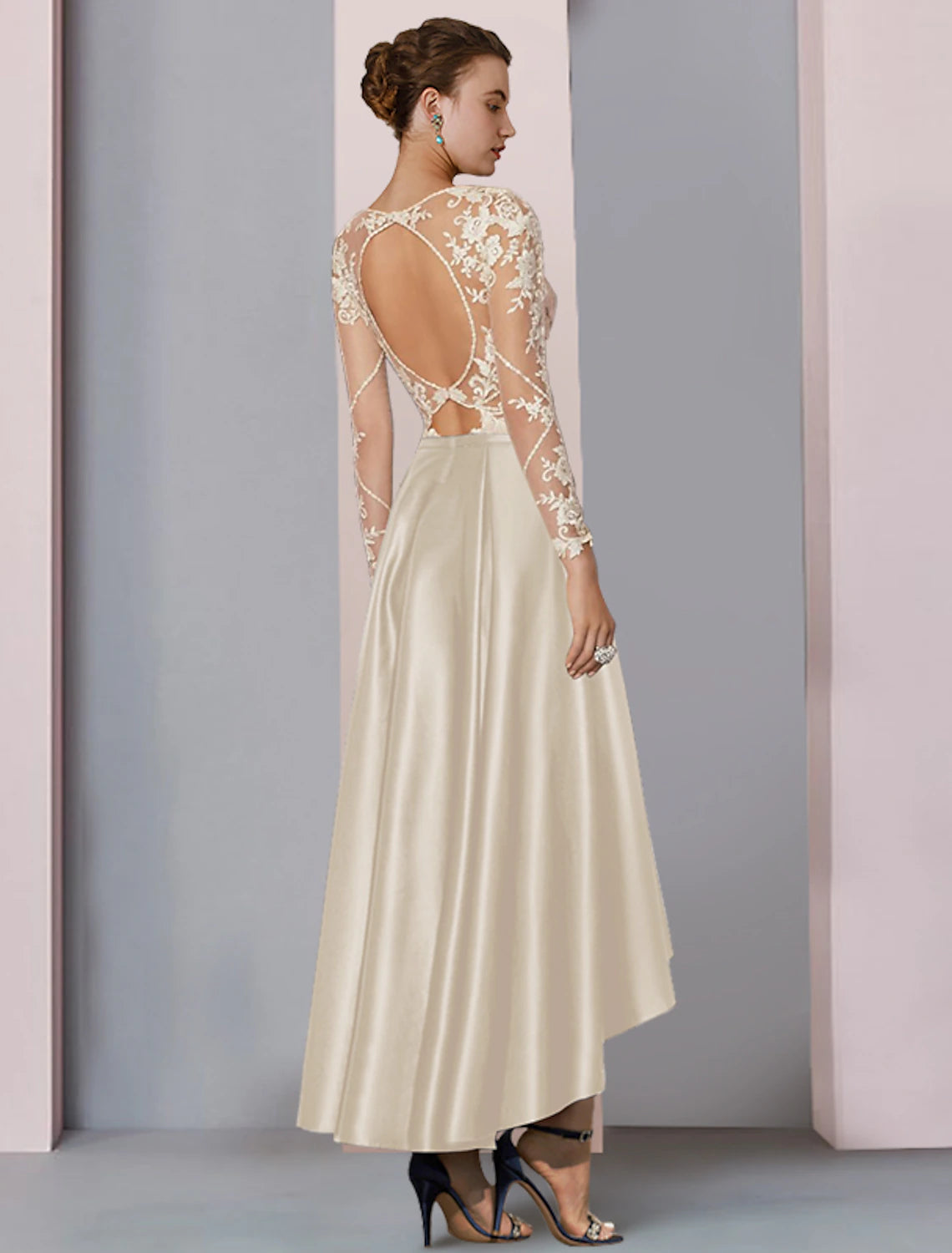 wholesale  A-Line Mother of the Bride Dress Wedding Guest Elegant High Low Scoop Neck Asymmetrical Tea Length Satin Lace Long Sleeve with Pleats Beading Appliques