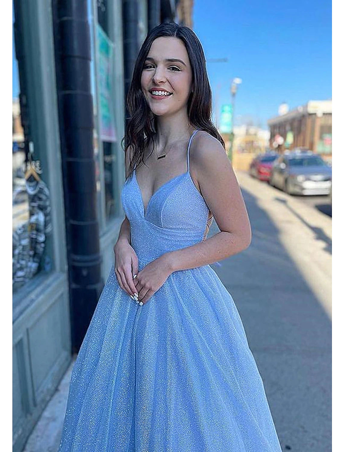 wholesale  Ball Gown A-Line Prom Dresses Sparkle & Shine Dress Formal Prom Floor Length Sleeveless V Neck Tulle Backless with Pleats