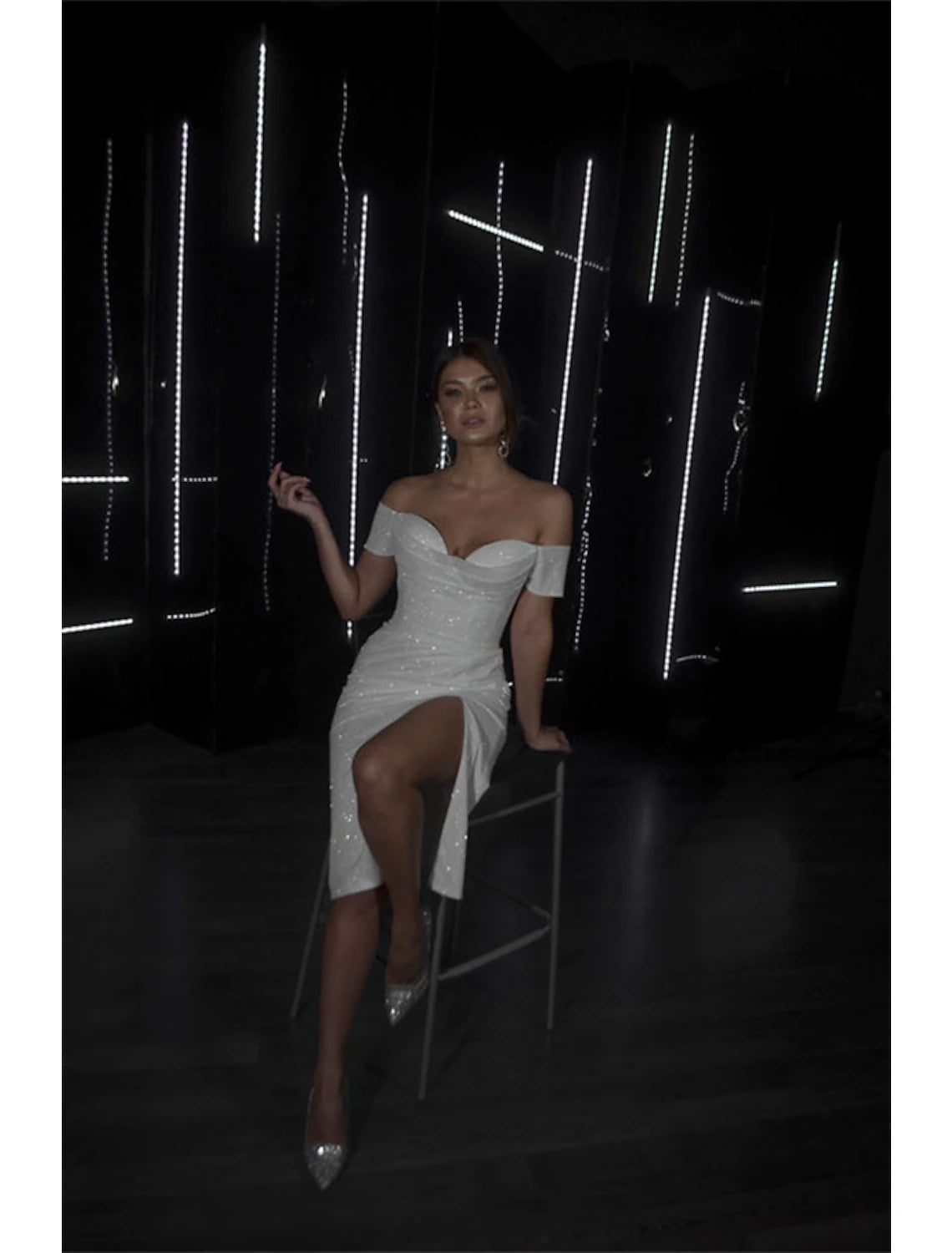 wholesale  Bachelorette Party Sparkle & Shine Little White Dresses Wedding Dresses Sheath / Column Off Shoulder Cap Sleeve Tea Length Sequined Bridal Gowns With Ruched Split Front