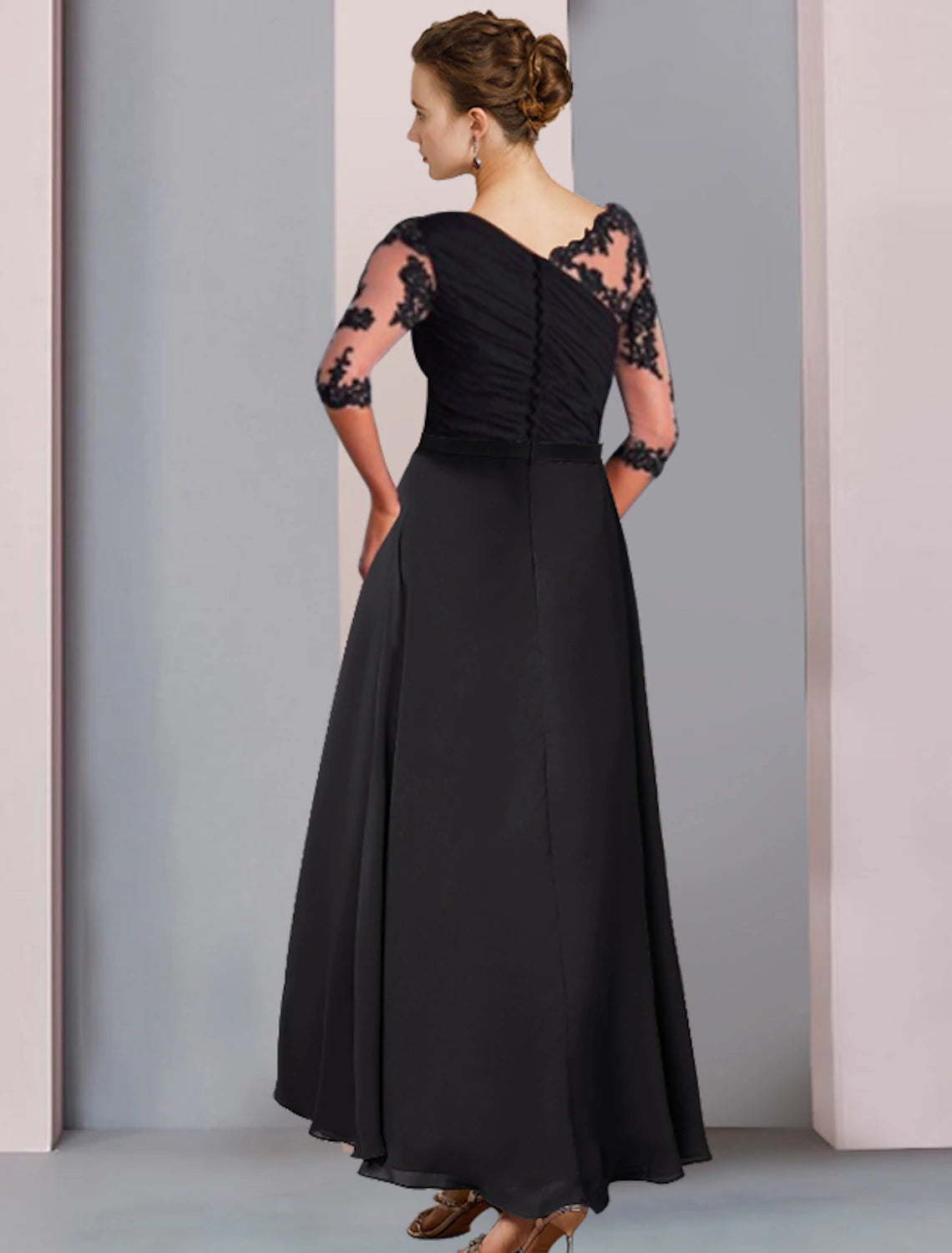 wholesale  A-Line Mother of the Bride Dress Wedding Guest Elegant High Low Scoop Neck Asymmetrical Tea Length Chiffon Lace Half Sleeve with Appliques Side-Draped