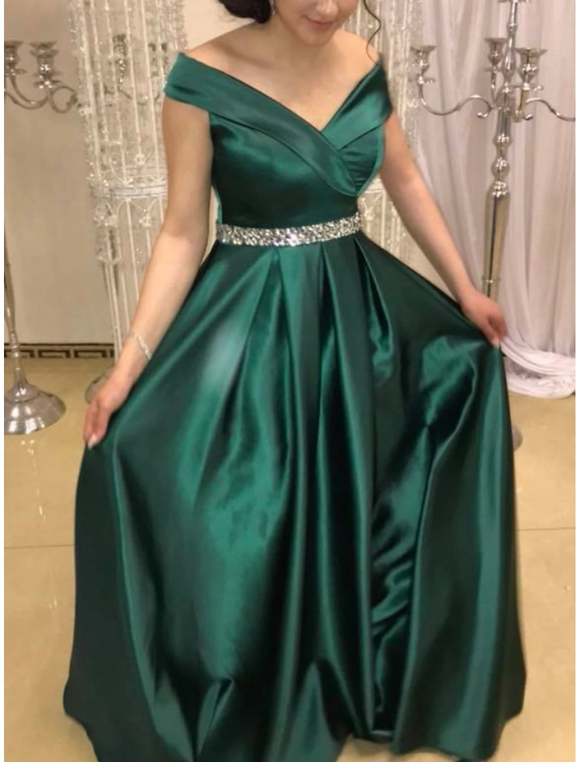 Wholesa  A-Line Evening Gown Elegant Dress Formal Sweep / Brush Train Christmas Red Green Dress Sleeveless Off Shoulder Satin with Pleats Crystals