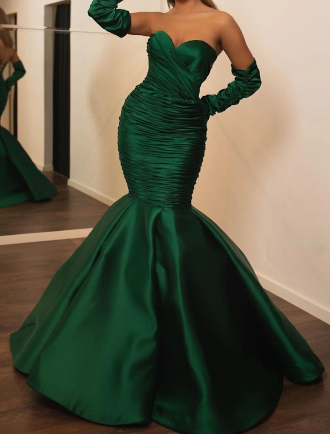 Wholesa Mermaid / Trumpet Evening Gown Elegant Dress Wedding Guest Engagement Floor Length Long Sleeve Sweetheart Satin with Ruched