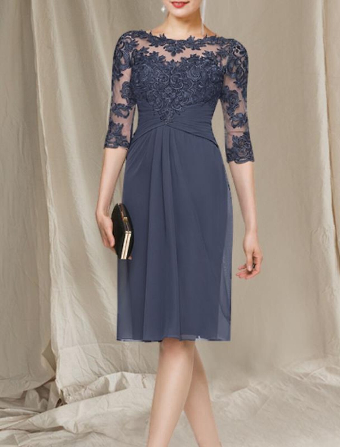 wholesale  Sheath / Column Mother of the Bride Dress Elegant Jewel Neck Knee Length Chiffon Lace Half Sleeve with Ruched Appliques