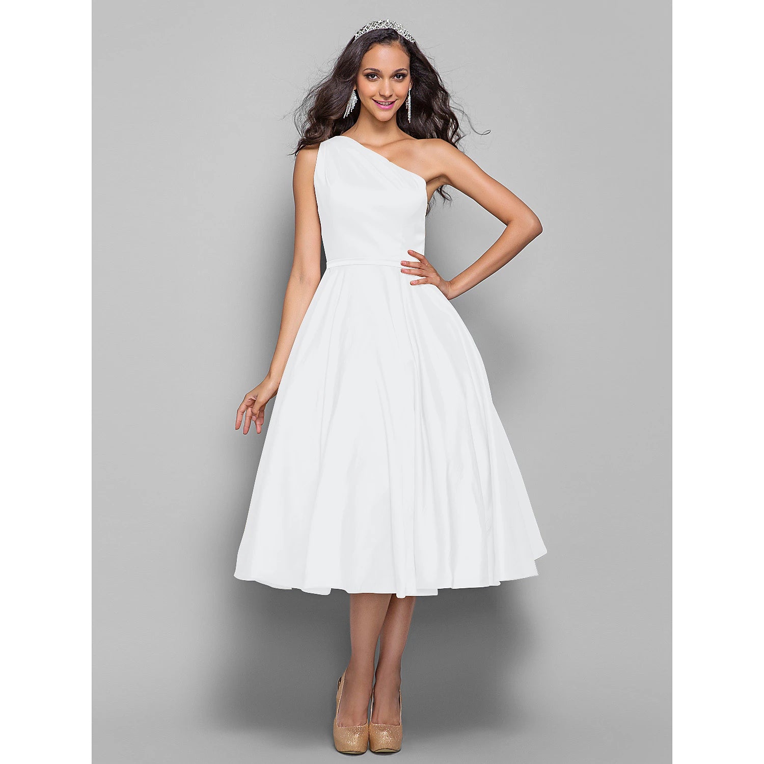 wholesale  A-Line Minimalist Elegant Cocktail Party Wedding Party Dress One Shoulder Sleeveless Tea Length Taffeta with Sash / Ribbon