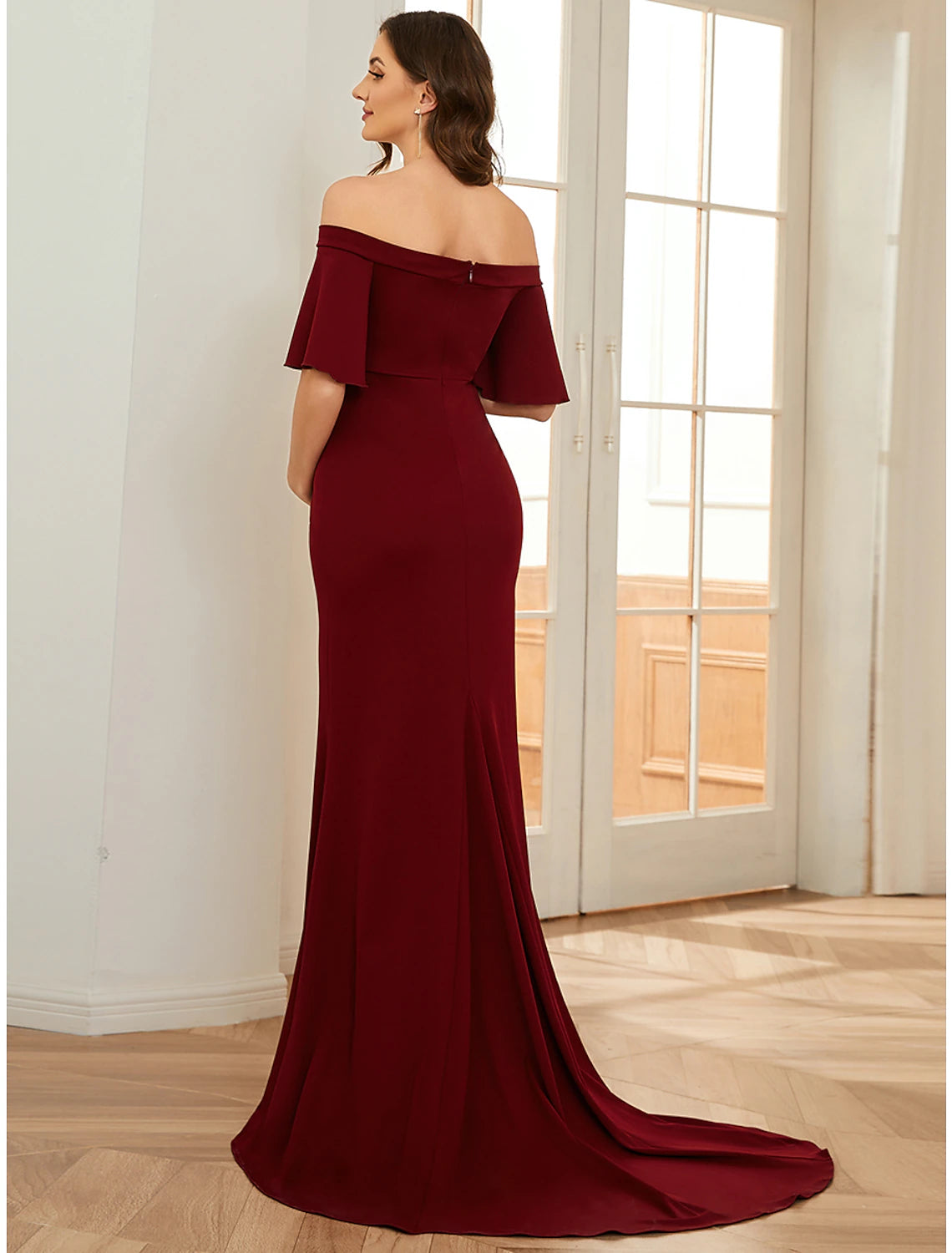 Wholesa Mermaid / Trumpet Maternity Dresses Maternity Dress Formal Wedding Party Court Train Short Sleeve Off Shoulder Stretch Fabric with Ruched Pure Color